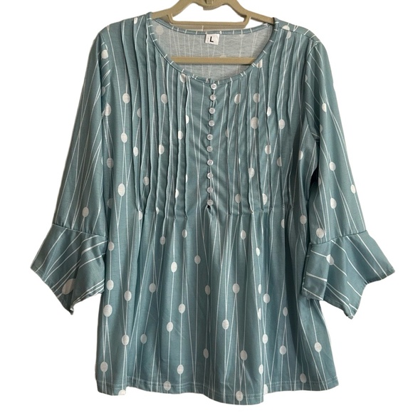 Large Teal Blue White Polka Dot Stripe Tunic Top Bell Sleeve Pintuck - Picture 1 of 3